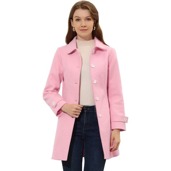 ✨Women Pink Winter Overcoat Peter Pan Collar Mid-thigh A-line Breasted Pea Coat